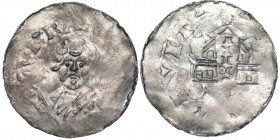 Germany. Diocese of Speyer. Konrad I 1056-1060. AR Denar (18.5mm, 0.91g). Speyer mint. CVNRA[DVS EPS], bust facing / [NEMTIS]CIVIT, two domed building...