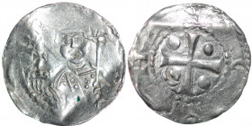 Germany. Worms. Heinrich III 1039-1056. AR Denar (19mm, 1.05g). Crowned head facing holding scepter right, crosier left / Cross with pellets in each a...