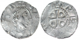 Germany. Franconia. Otto III 983-1002. AR Denar (17mm, 1.09g). Würzburg mint. [S KI]LIAN, bust of St. Kilian right / [•OT]T[O I]MPE, cross with pellet...