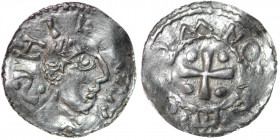 Germany. Franconia. Otto III 983-1002. AR Denar (19mm, 1.29g). Würzburg mint. Bust of St. Kilian right / Cross with pellet in each angle. Dbg. 856. Ve...