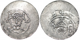 Germany. Erfurt. Heinrich III 1039-1056. AR Denar (20mm, 1.16g). Erfurt mint. Crowned bust facing / +T[___]E (retrograde), two domed building, bust in...