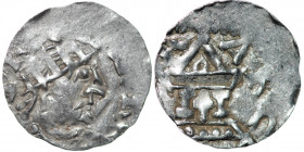Germany. Duchy of Swabia. Heinrich II 1002-1024. AR Denar (18mm, 1.00g). Strasbourg mint. [HIENRICVISREX], crowned head right / ARG[ENTINA, church wit...