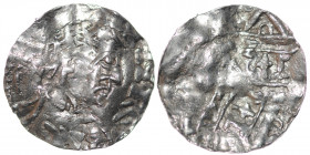 Germany. Duchy of Swabia. Heinrich II 1002-1024. AR Denar (19mm, 1.20g). Strasbourg mint. [HIE]NRC[VISREX], crowned head right / [ARGENTINA], church w...