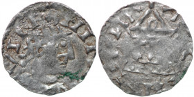 Germany. Swabia. Heinrich II 1002-1024. AR Denar (18mm, 1.23g). Strasbourg mint. HIN[RIC]VS, crowned head right / A[RGE]NTIИA, church with cross in th...