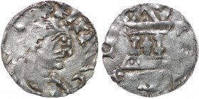Germany. Swabia. Heinrich II 1002-1024. AR Denar (18mm, 1.25g). Strasbourg mint. HINRCV[S], crowned head right / [ARGEN]TI[N]A, church with cross in t...