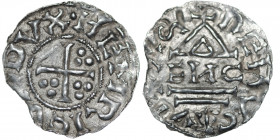 Germany. Bavaria. Heinrich II 955-976. AR Denar (19mm, 0.89g). Regensburg mint; moneyer EИC. +HEMRICVS DVX, cross with three pellets in three angles /...
