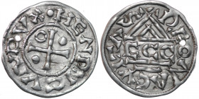 Germany. Duchy of Bavaria. Heinrich II 985-995. AR Denar (21mm, 1.59g). Regensburg mint; moneyer ⵎcco. HENRICVSDVX•, cross with one pellet in two angl...
