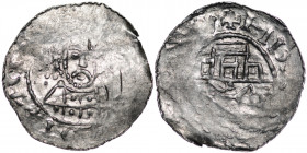 Germany. Duchy of Bavaria. Heinrich IV 1084-1106. AR Denar (18.5mm, 0.90g). Regensburg mint. Crowned bust facing / +ND[___]], view over city, church d...