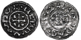 Germany. Duchy of Bavaria. Heinrich III 983-985. AR obol (19mm, 0.75g). Nabburg mint; moneyer WIL. +HEИRCVS DVX, cross with one pellet each angle / NA...