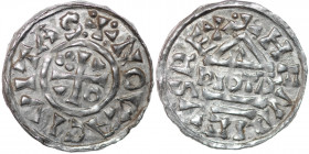 Germany. Duchy of Bavaria. Heinrich IV (II) 1002-1009. AR Denar (21mm, 1.46g). Neuburg mint; moneyer Diotp. +NOVACIVITAS, cross with arrowhead in two ...