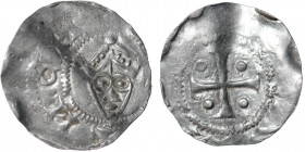 The Netherlands. Tiel. Konrad II 1024-1039. AR Denar (18mm, 0.89g). Tiel mint. NCH[__], crowned head facing / Cross with a pellet in each angle. Ilisc...