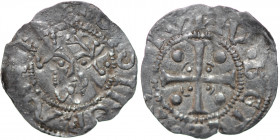 The Netherlands. East Netherlands, Tiel(?). Heinrich III 1036-1056 or Heinrich IV 1056-1106. AR Denar (17mm, 0.59g). Crowned head facing / Cross with ...