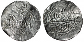 The Netherlands. Leiden. Floris I 1049-1061. AR Denar (17mm, 0.51g). Bishop facing with lance and scepter terminating in cross, under lance three pell...