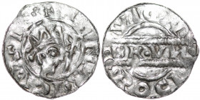 The Netherlands. Friesland. Bruno III 1050-1057. AR Denar (17mm, 0.67g). Bolsward mint. HENRICVS RE+, crowned head right, cross-tipped scepter before ...