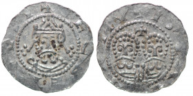 The Netherlands. Friesland. Ekbert II 1068-1077. AR Denar (16mm, 0.64g). Staveron mint. +ECBERTVSI, crowned bearded bust facing / ISTA[___]V, two adja...