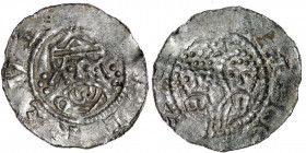 The Netherlands. Friesland. Ekbert II 1068-1077. AR Denar (18mm, 0.63g). Uncertain mint. Crowned bearded bust facing / Two adjacent busts facing (Sain...