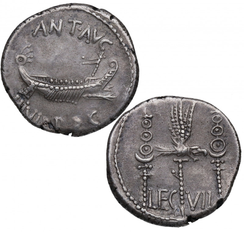 43-33 aC. Marco Antonio. Denario. Ag. 3,50 g. Legión VII. MBC+. Est.300.