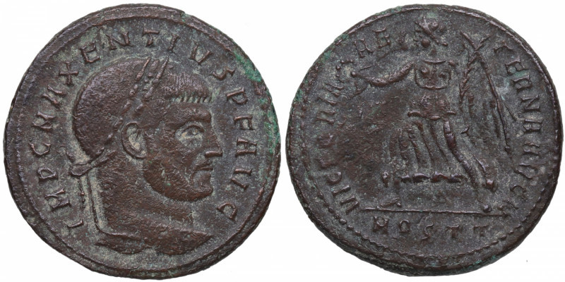 307-312. Majencio. Ostia. Follis. RIC VI 54.. 6,96 g. Cabeza laureada /Victoria ...