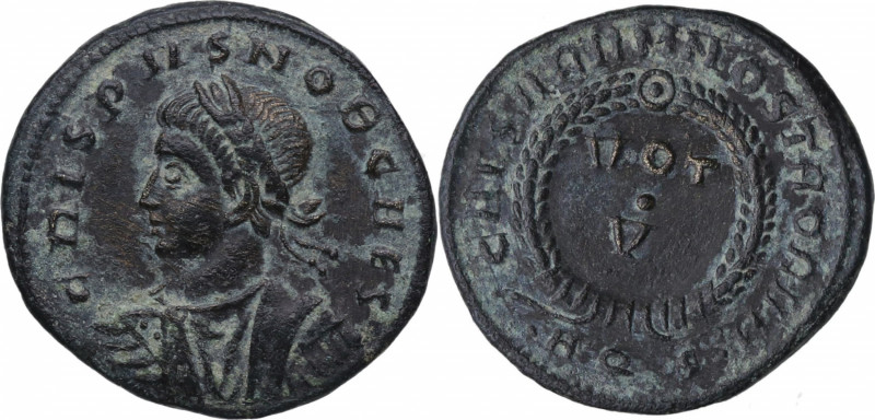 317-326 . Crispo . Aquileia. Follis. C 77. RIC 88. Ae. 2,53 g.  Busto laureado, ...