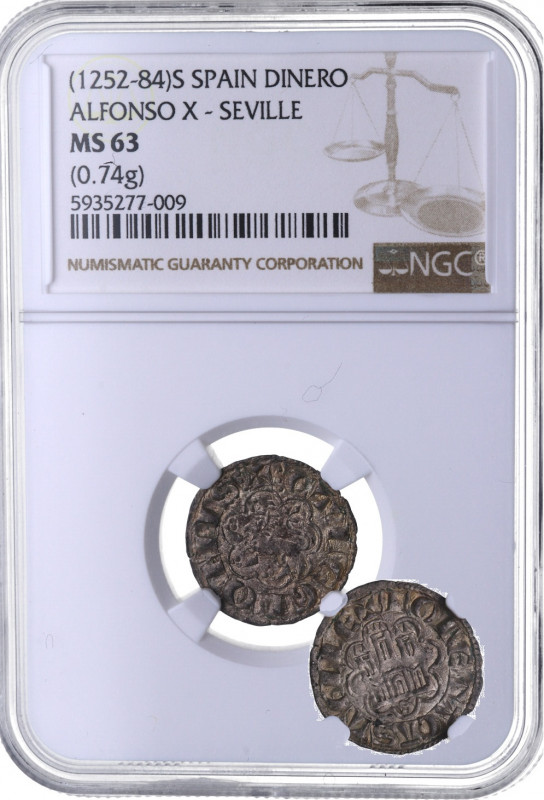 1252-1284. Alfonso X (1252-1284). Sevilla. Dinero. Ae. Encapsulada por NGC en MS...