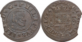 1664. Felipe IV (1621-1665). Segovia. 16 maravedís. BR. A&C 491. Cu. 3,06 g. MBC+. Est.30.