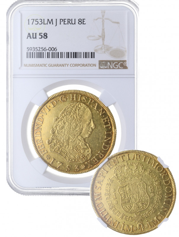 1753. Fernando VI (1746-1759). Lima. 8 Escudos. LM. A &C 763. Au. Encapsulada po...