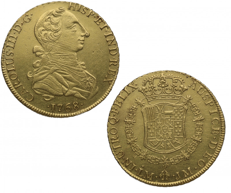 1768. Carlos III (1759-1788). Lima. 8 escudos. JM. A&C 19,21. Au. 26,97 g. Bella...