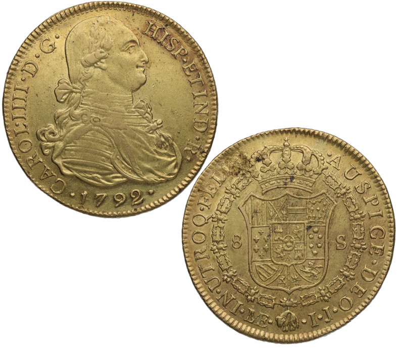 1792. Carlos IV (1788-1808). Lima. 8 Escudos. IJ. A&C 1792. Au. 26,96 g. Bella. ...