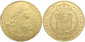 1804/5. Carlos IV (1788-1808). Nuevo Reino. 8 Escudos. JJ. A&C 1744. Au. 27,20 g. Rayitas en anverso. EBC+. Est.2500.