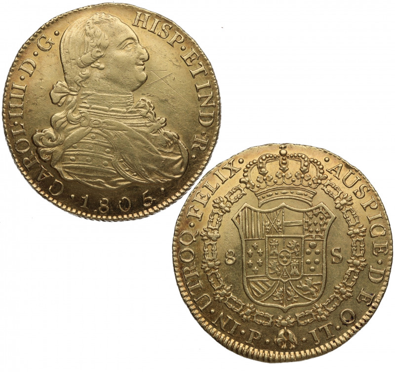 1805. Carlos IV (1788-1808). Popayán. 8 Escudos. JT. A&C 1684. Au. 27,03 g. Rayi...