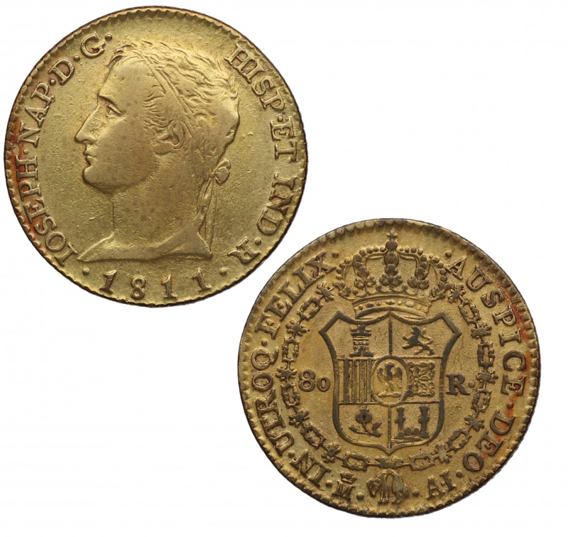 1811. José Napoleón (1808-1814). Madrid. 80 reales. AI. A&C 49. Au. 6,69 g. Atra...