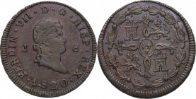 1820. Fernando VII (1808-1833). Jubia. 8 Maravedis . FT. A&C 200. Cu. 9,32 g. EBC. Est.80.