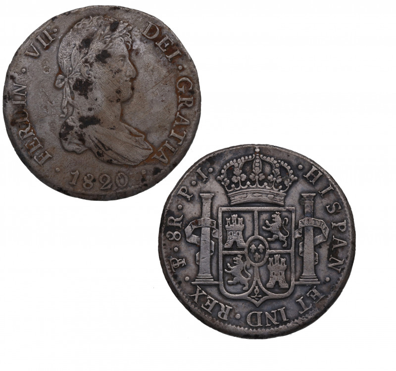 1820. Fernando VII (1808-1833). Potosí. 8 Reales. A&C 1384. Ag. 26,72 g. Corrosi...