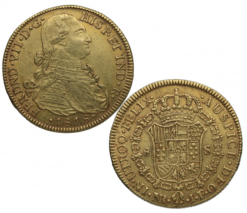 1818. Fernando VII (1808-1833). Nuevo Reino. 8 Escudos. JF. Acip. Au. 27,04 g. B...