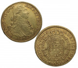 1818. Fernando VII (1808-1833). Nuevo Reino. 8 Escudos. JF. Acip. Au. 27,04 g. Busto de Carlos IV. EBC-. Est.1600.