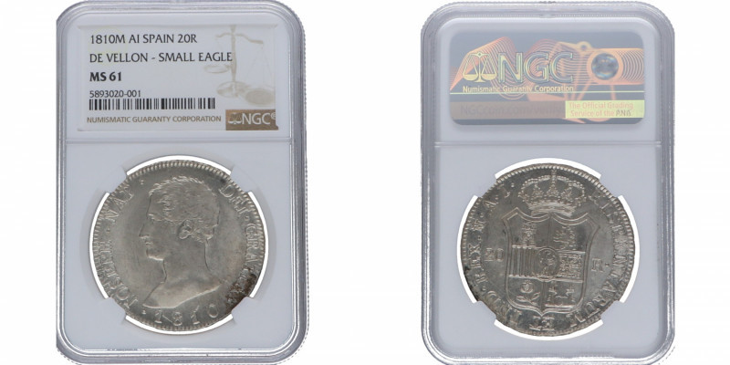 1810. José Napoleón (1808-1814). Madrid. 20 reales. AI. A&C 37. Ag. Encapsulado ...