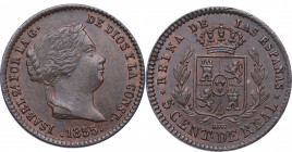 1855. Isabel II (1833-1868). Segovia. 5 céntimos de real. A & C 160. Cu. 1,75 g. Atractiva. SC-. Est.80.