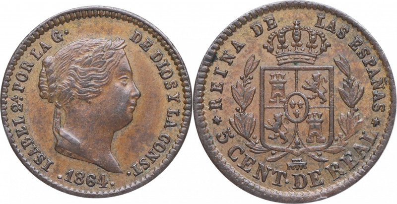 1864. Isabel II (1833-1868). Segovia. 5 céntimos. A&C 169. Cu. 1,91 g. Bella. SC...