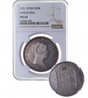 1851. Isabel II (1833-1868). Barcelona. 20 Reales. A&C 570. Ag. Encapsulada por NGC en MS 63. RARA y más así. SC. Est.5000.