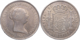 1854. Isabel II (1833-1868). Madrid. 20 Reales. A&C 629. Ag. 26,07 g. EBC/ EBC+. Est.350.