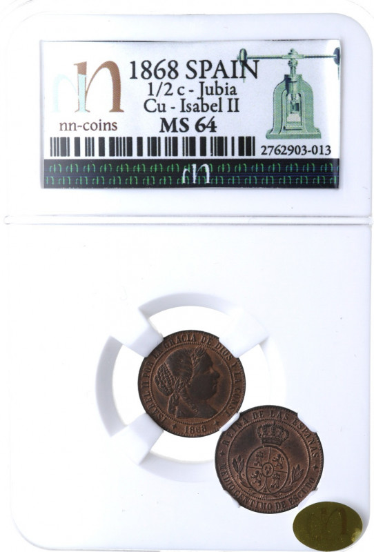 1868. Isabel II (1833-1868). Jubia. 1/2 Céntimo de escudo. CM. A & C 205. Cu. En...