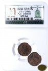 1868. Isabel II (1833-1868). Jubia. 1/2 Céntimo de escudo. CM. A & C 205. Cu. Encapsulada por NN COINS en MS 64. SC. Est.80.
