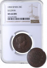 1858. Isabel II (1833-1868). Segovia. 25 Céntimos de real. A & C 191. Cu.  Reverso girado 25% Encapsulada por NN COINS en MS 64 bn. SC. Est.300.
