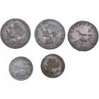 Lote 5 monedas FALSAS de ÉPOCA. . 50 Céntimos (2), y 1 peseta (3). . 50 Céntimos 1869 y 1880; 1 Peseta 1870, 1876 y 1885. MBC. Est.50.