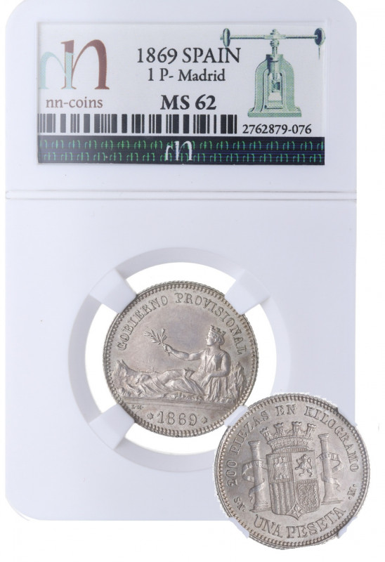 1869. I República (1868-1871, 1873-1874). Madrid. 1 Peseta. SMN. A & C 16. Encap...