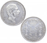 1885. Alfonso XII (1874-1885). Manila. 50 cvos de peso. A&C 1293. Ag. EBC-. Est.80.
