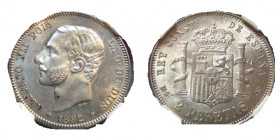 1882*82. Alfonso XII (1874-1885). Madrid. 2 pesetas. MSM. A&C 977. Ag. Muy bella. Brillo original. NGC MS 61. Rara así. SC. Est.375.