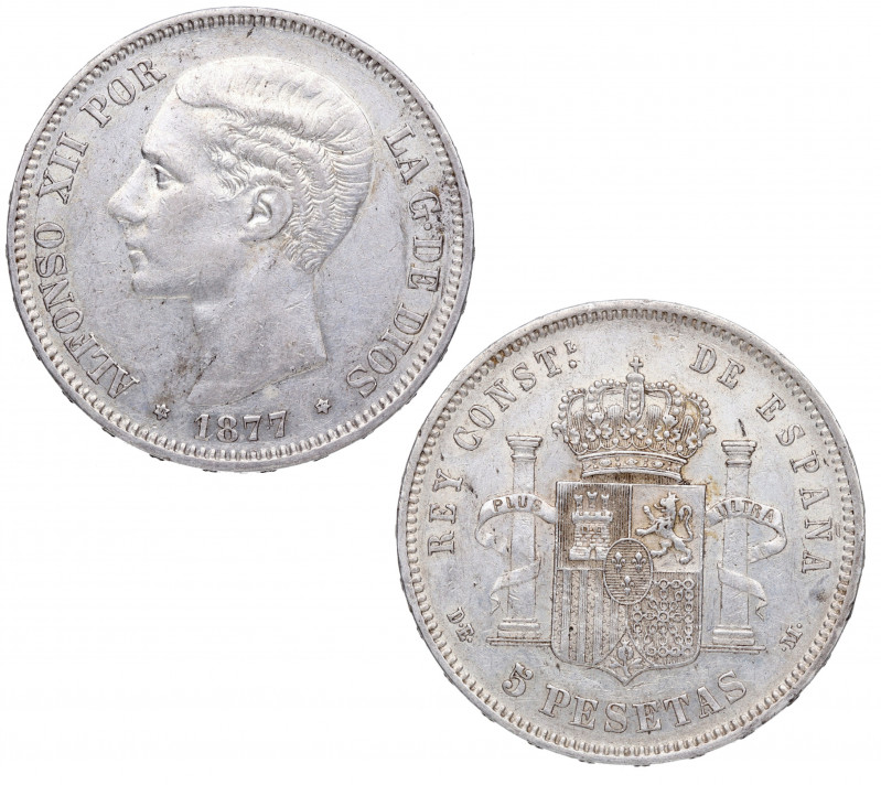 1877*77. Alfonso XII (1874-1885). Madrid. 5 Pesetas. DEM. A & C 38. Ag. 24,96 g....