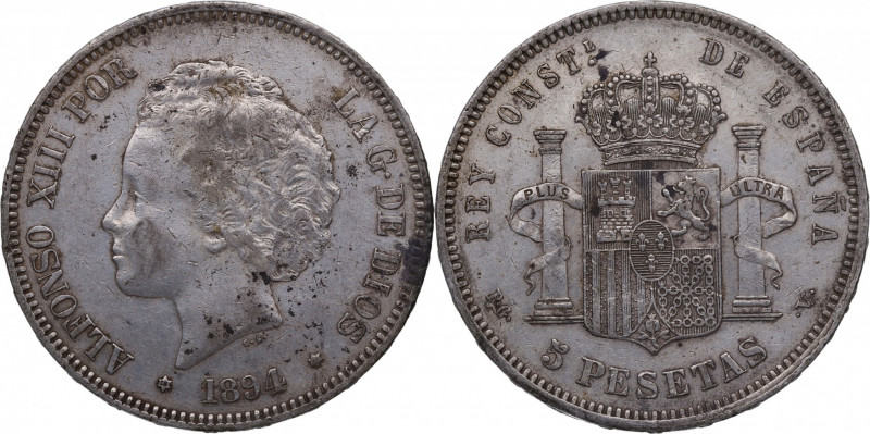 1894*94. Alfonso XIII (1886-1931). Madrid. 5 pesetas. PGV. A & C 104. Ag. 25,01 ...
