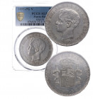1895. Alfonso XIII (1886-1931). Puerto Rico. 1 Peso. PGV. A&C 128. RARA. Encapsulda por PCGS AU55. Bella. Brillo original. EBC+. Est.1000.